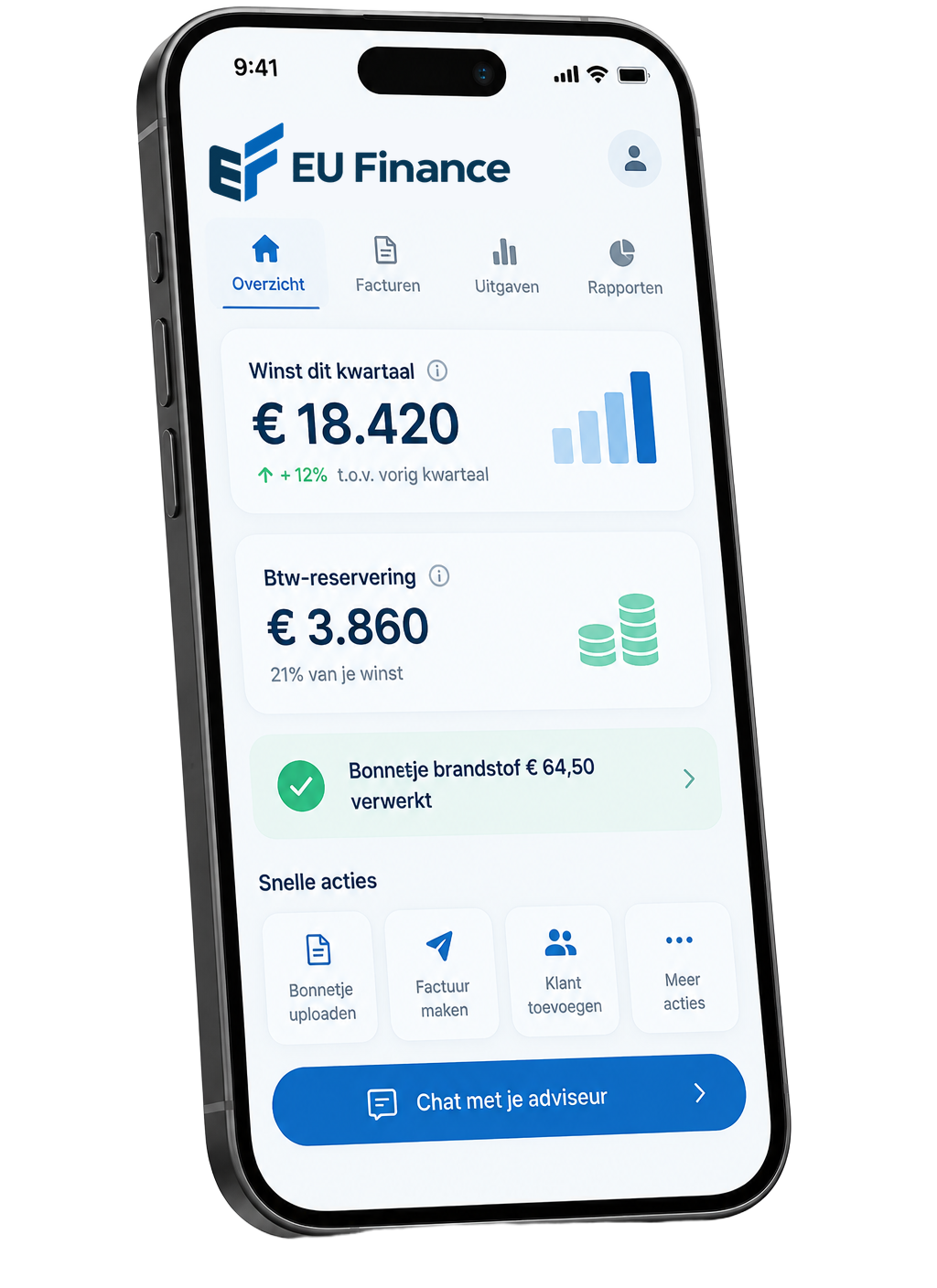 EU Finance-app met financieel dashboard en berichten inbox